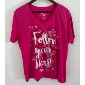 Just My Size Hanes Top Women's 1X 16W Plus Tee Glitter "Follow Your Heart" Pink